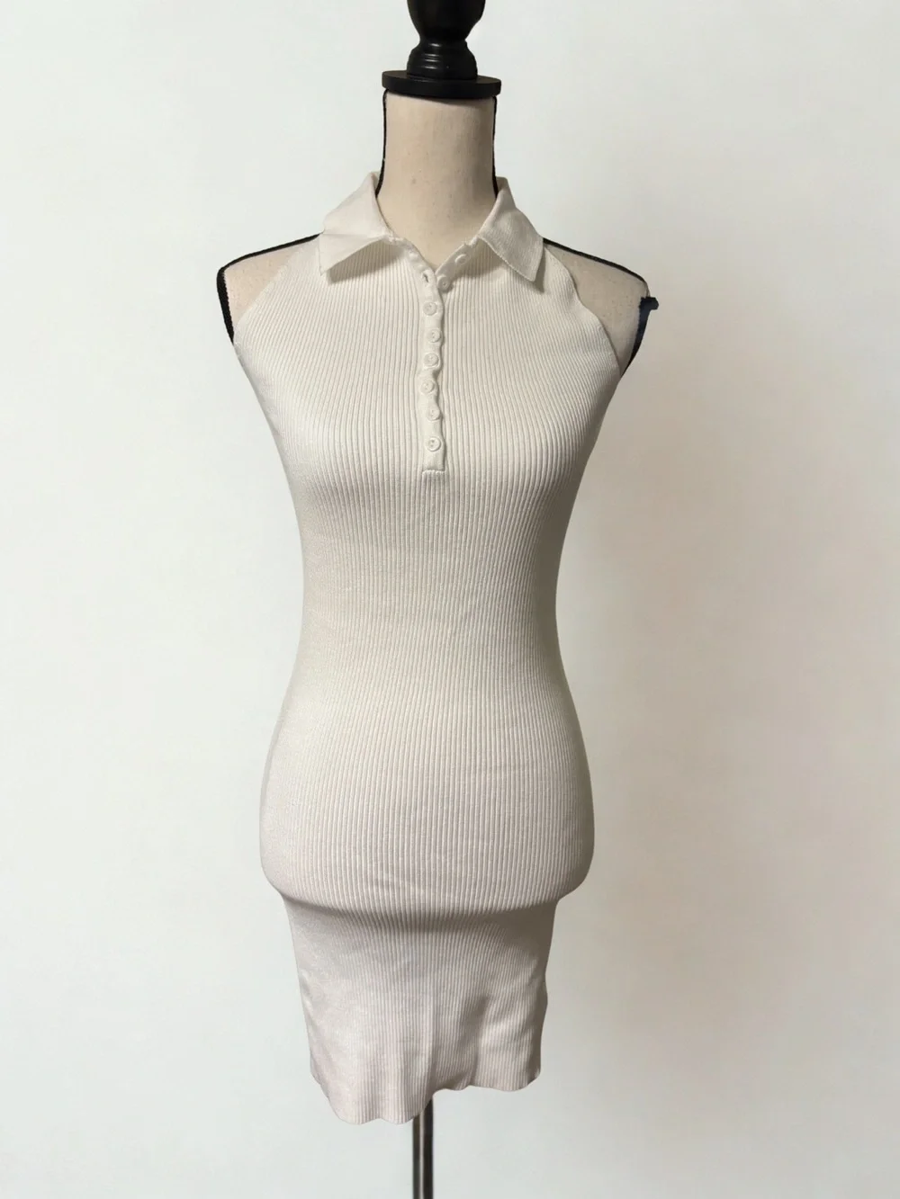 Ribbed Halter Polo Mini Dress in White